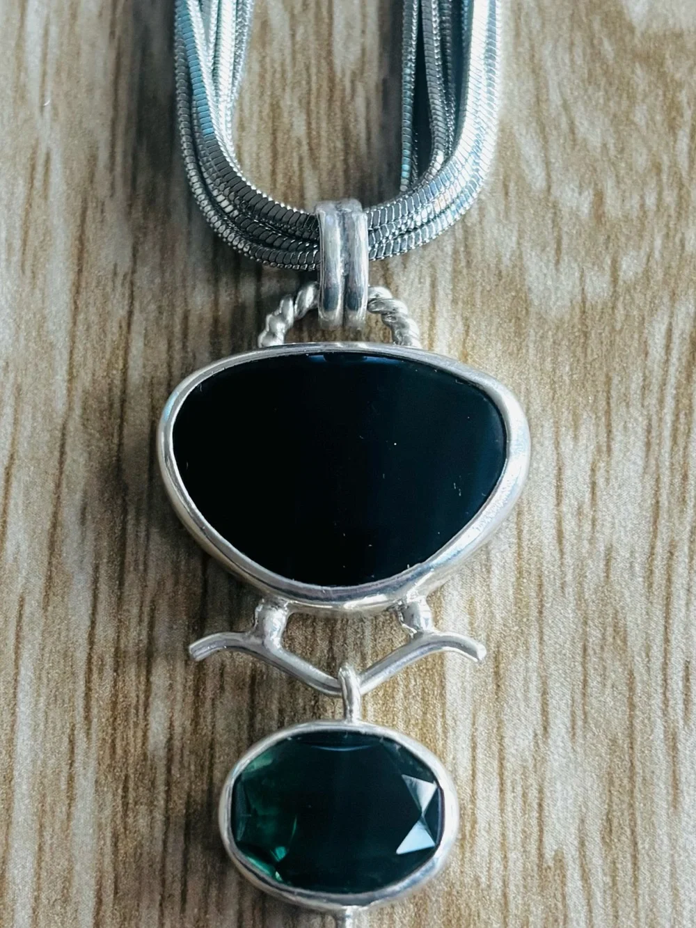 Sterling Silver Multi Strand Necklace with onyx, pearl and Angelite pendant